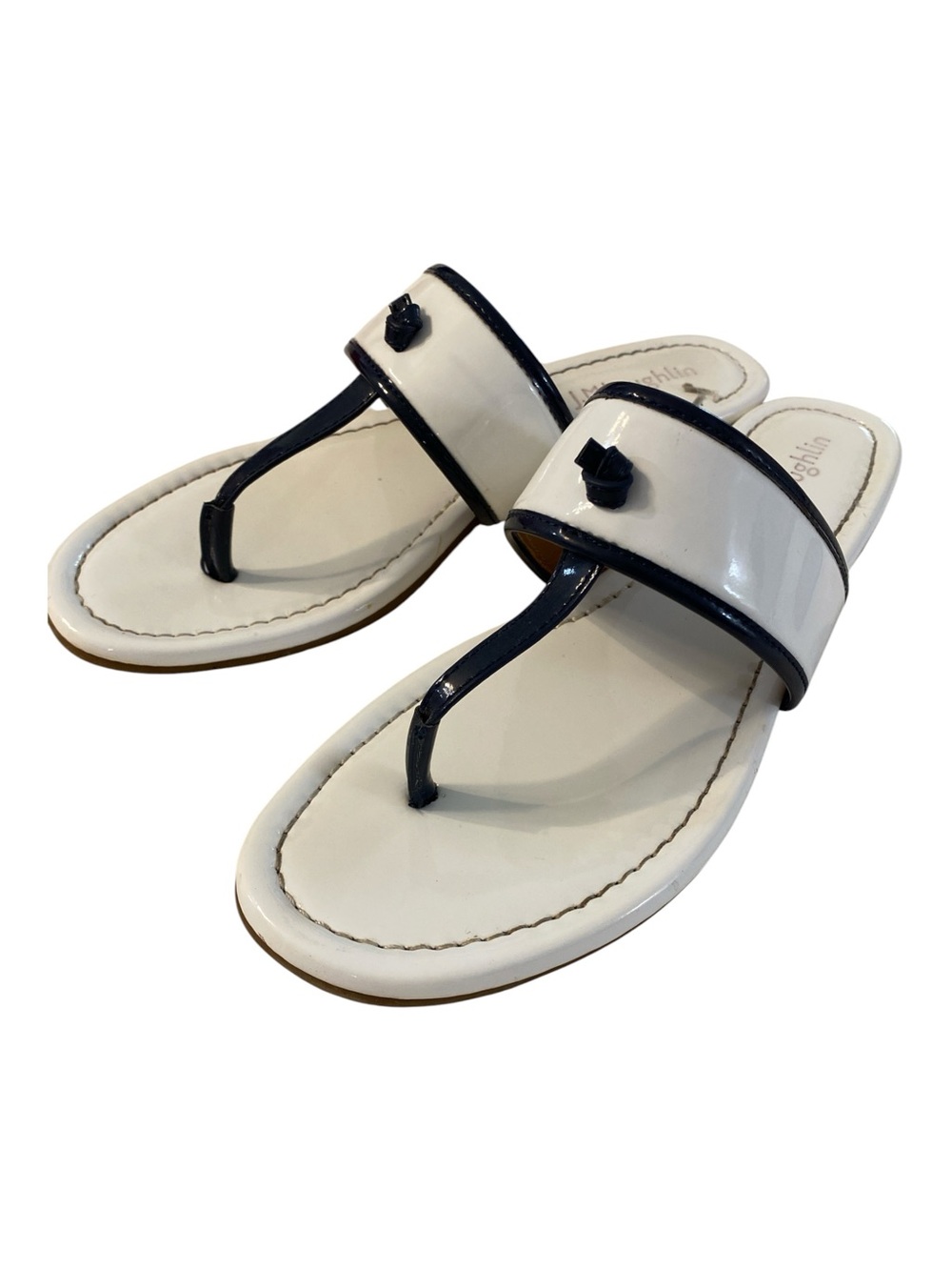 J. McLaughlin Leslie Thong Sandal White and Navy Patent 8 - Picture 1 of 7